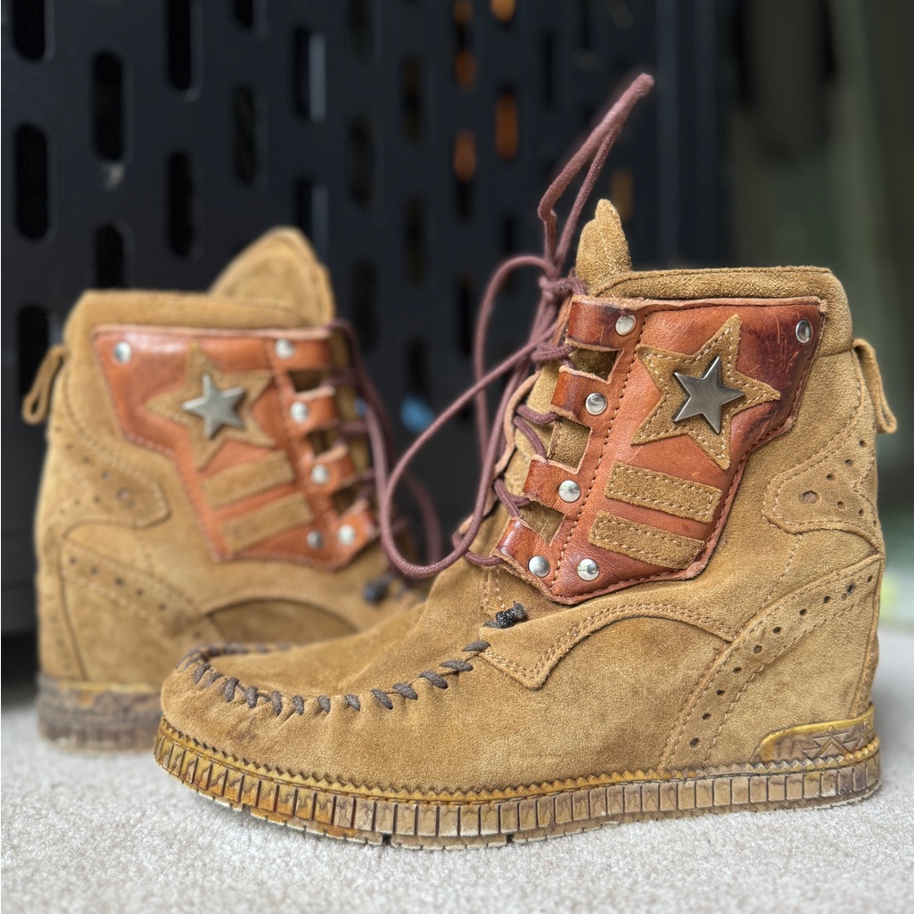 El Vaquero Casey Kaki Leather Star Boots 37 7-7.5 High-Top Wedge Boot Moccasin